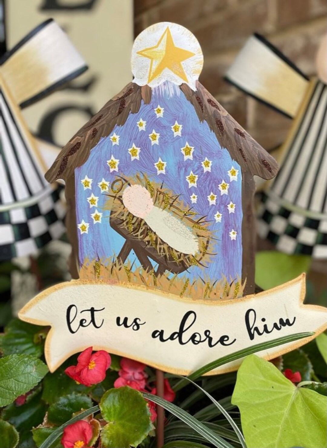 Nativity Sign Stake, Metal Nativity Wreath Sign, Let Us Adore Him Sign ...