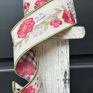 2.5&quot; embroidered floral d Stevens ribbon, wired designer floral ribbon, spring ribbon for wreaths and bows, 10 yards