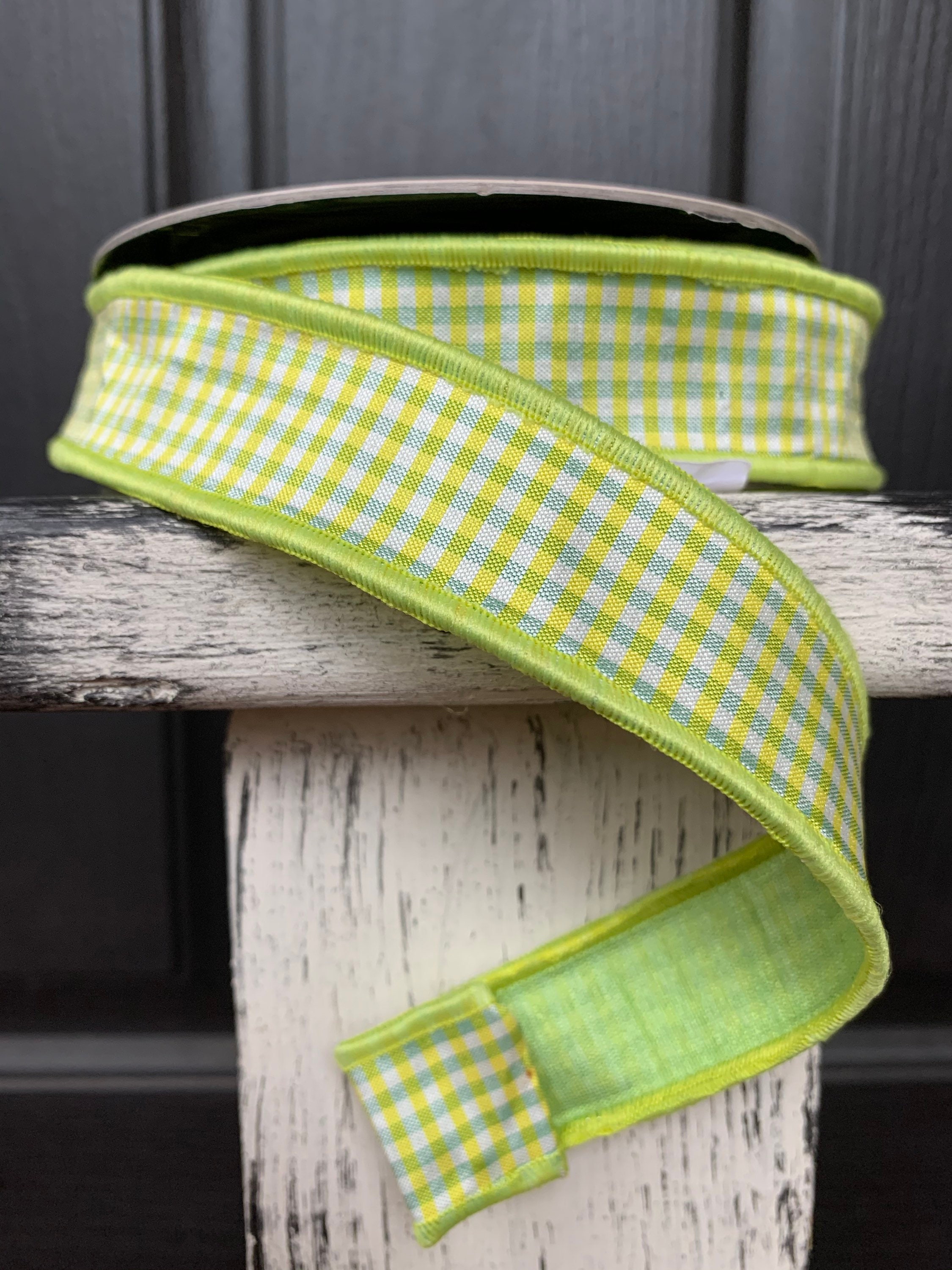 Wired 1 inch spring ribbon green gingham ribbon green and Etsy