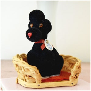 Vintage Poodle Toy/ Dog Lover Gift/ Midcentury Black Standard Poodle in Basket/ Collectible Miniature Dog Figurine/ Western Germany/ EH Co.