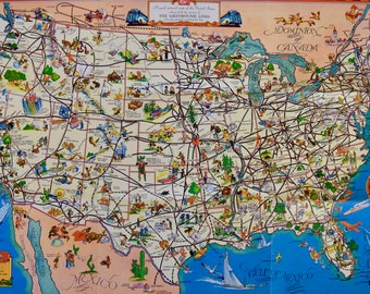 1940 Original Greyhound Bus Lines Good Natured Map of the United States