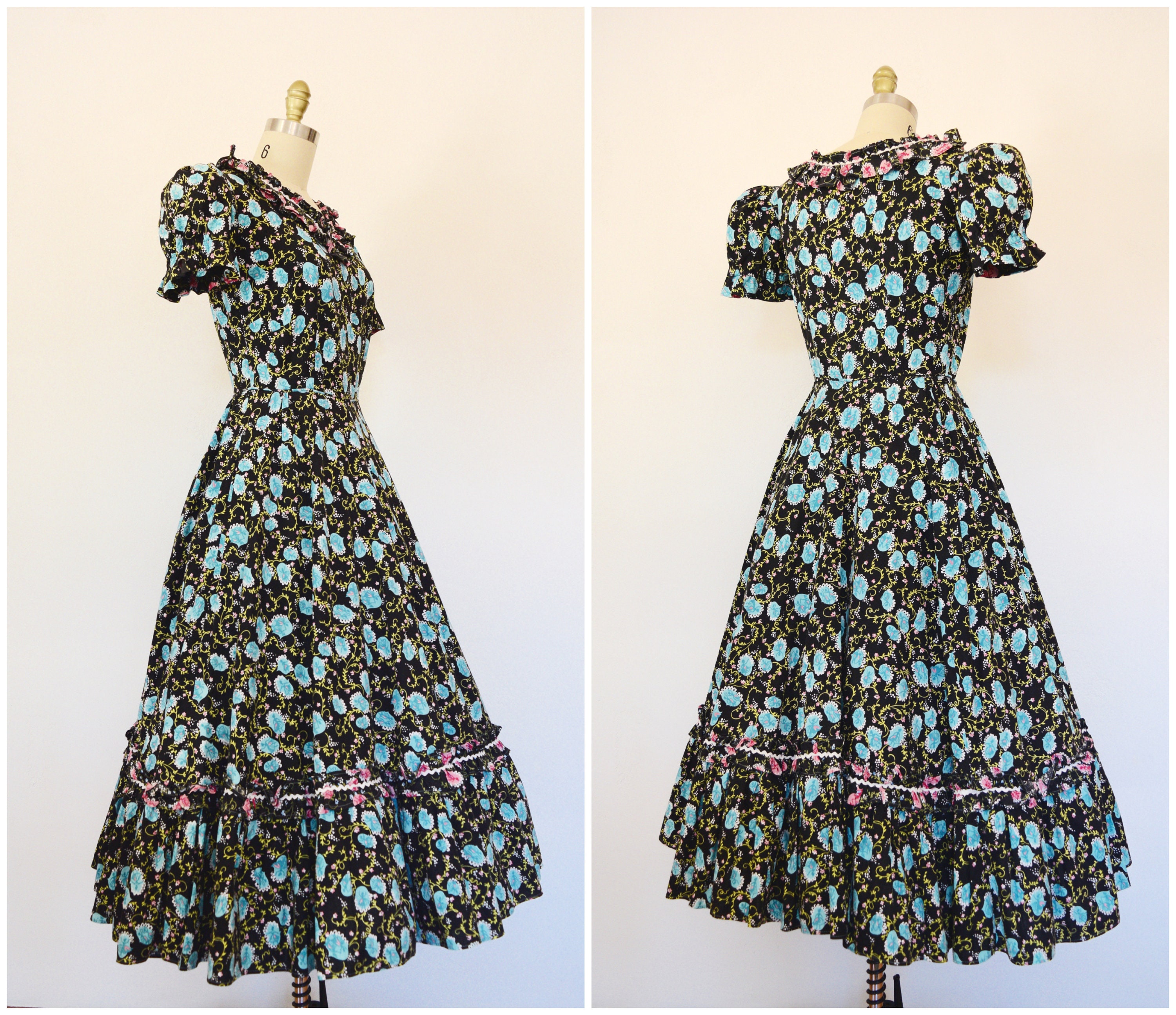 50s Novelty Print Dress / Vintage Black Cotton Dress Ric Rac - Etsy