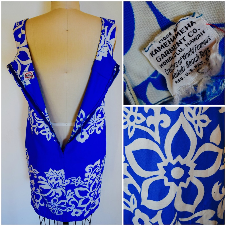 Vintage 1950s Hawaiian Dress 50s Miss Hawaii Sun Dress Tropical Blue Aloha Floral Summer Dress Beach Cover Up Kamehameha Garment Co.