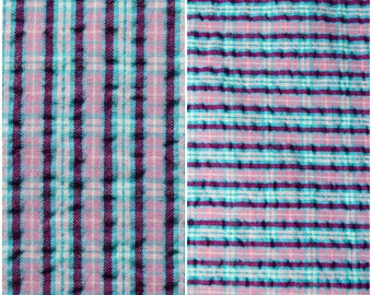 Bleu un morceau de tissu Seersucker à carreaux / années 60 Vintage Turquoise et violet coton blanc rayé / piquage inutilisé couture artisanale matière : 44 « x 18.5 »