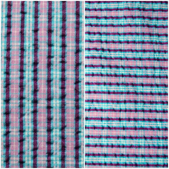 Blue Plaid Seersucker Fabric Remnant/ 60s Vintage Turquoise & Purple Striped Cotton Fabric/ Unused Quilting Sewing Craft Material:44”x 18.5"