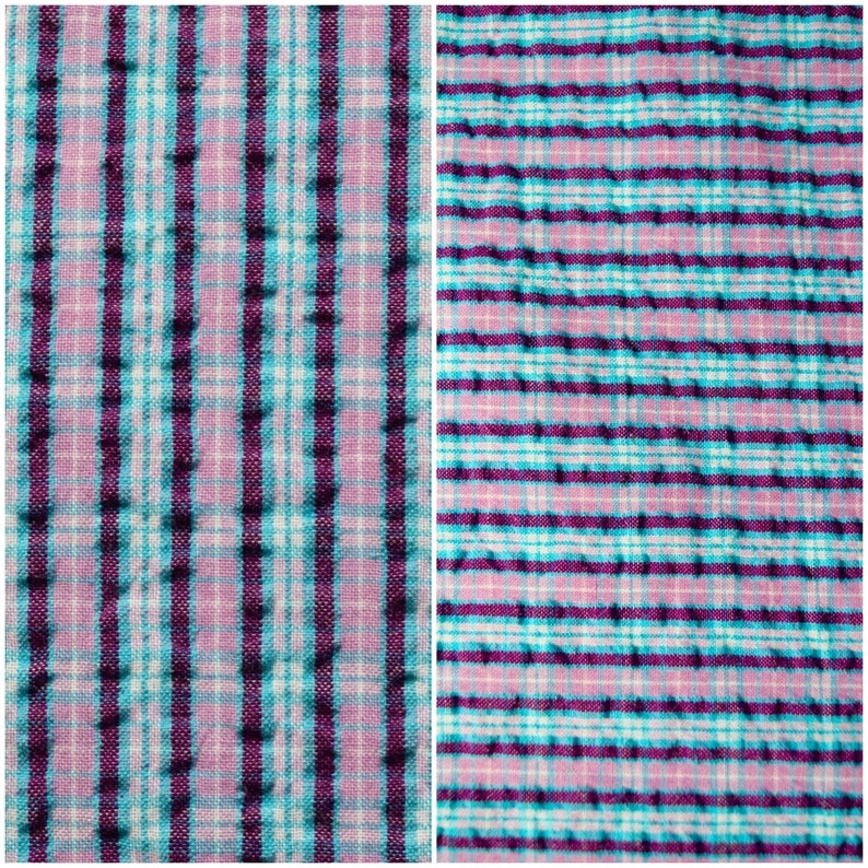 Blau karierte Seersucker Rest / 60er Jahre Vintage Türkis & Lila gestreifter Baumwollstoff / unbenutzt Quilten Nähen Handwerk Material: 44 "x 18,5" Bild 1