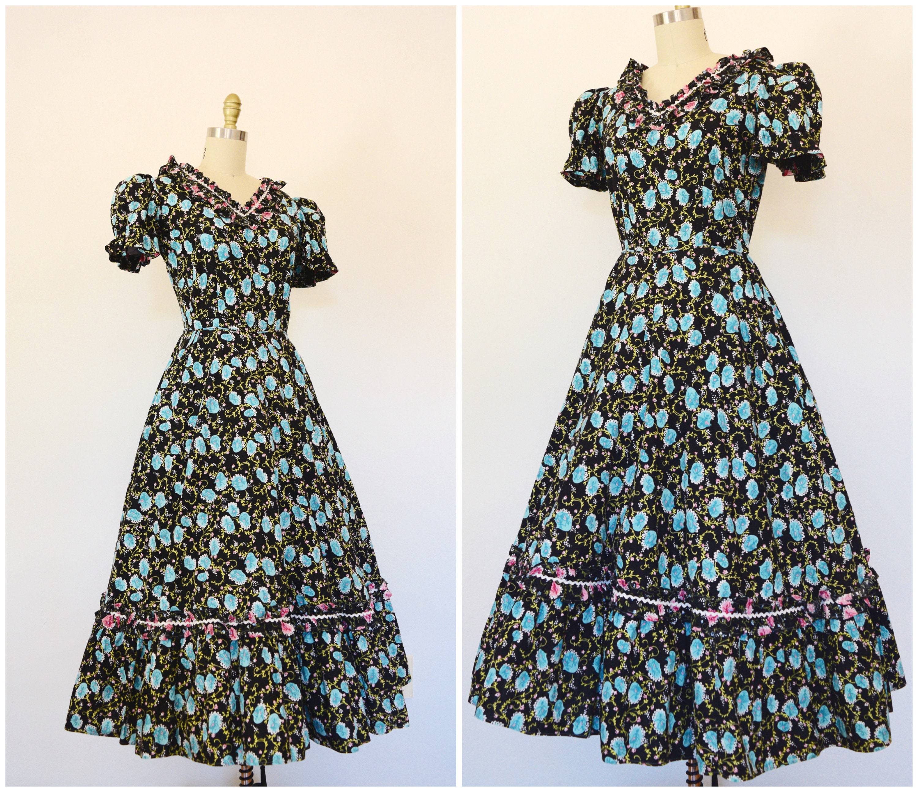 50s Novelty Print Dress / Vintage Black Cotton Dress Ric Rac - Etsy