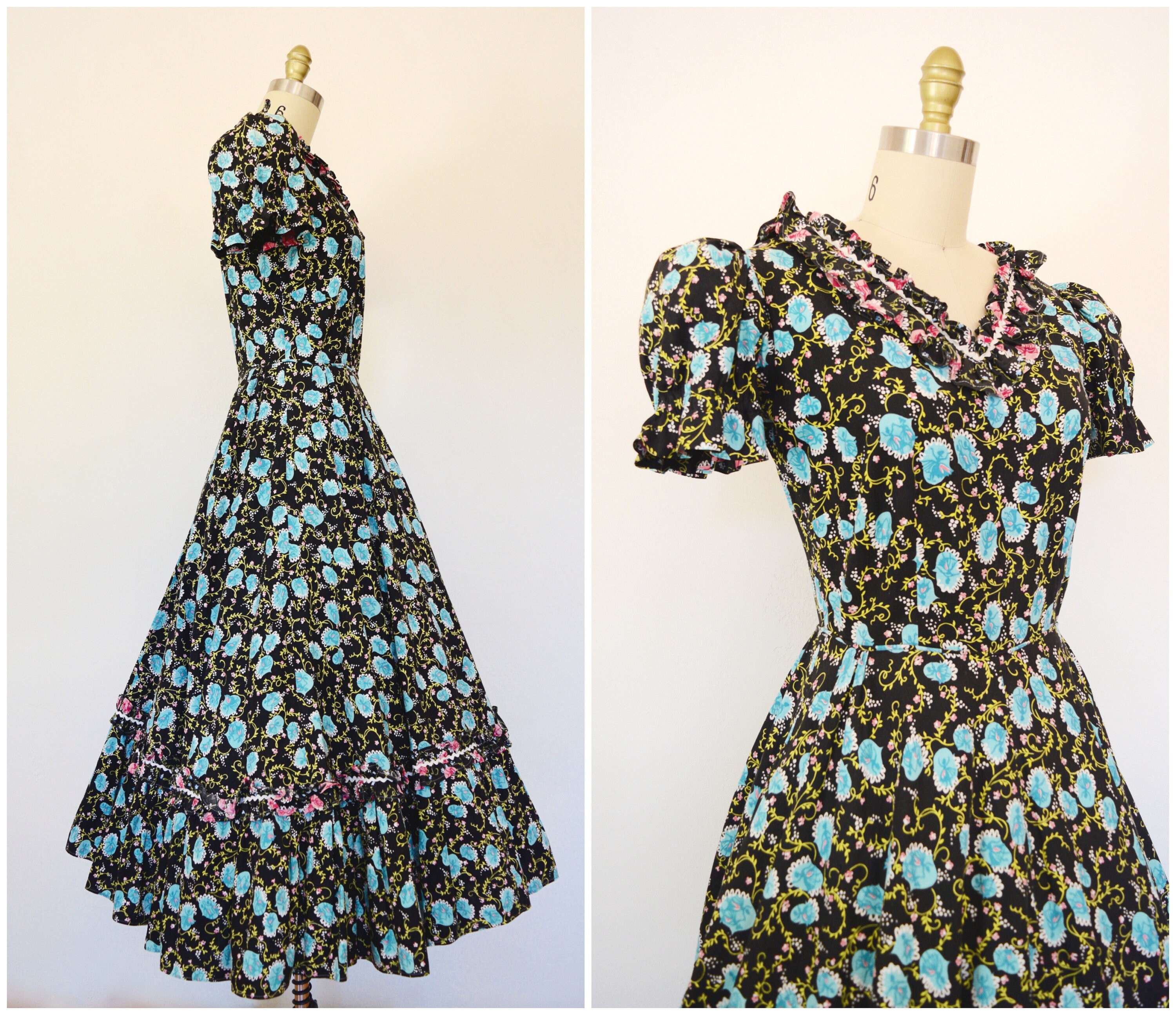 50s Novelty Print Dress / Vintage Black Cotton Dress Ric Rac - Etsy