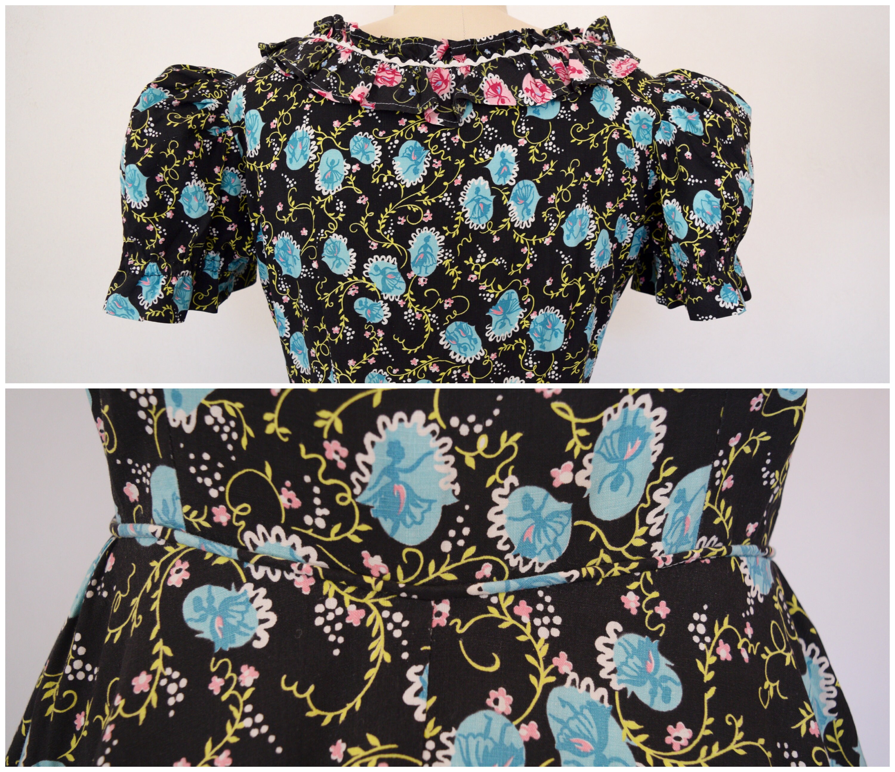 50s Novelty Print Dress / Vintage Black Cotton Dress Ric Rac Ruffles