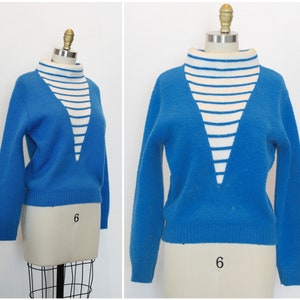 Vintage Rockabilly Sweater/ 1960s Electric Blue & White Striped Mock Neck Mod Sweater/ Pandora Nantuk
