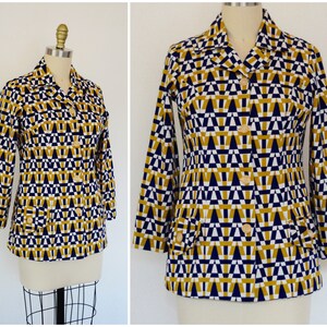 Vintage 60s 70s Mod Jacket/ Midcentury Modern Geometric Print Blazer/ Lightweight Buttondown Shirt Jacket/ Beatnik Music Festival Disco Fun