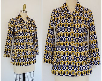 vintage années 60 70s Mod Jacket / Midcentury Modern Geometric Print Blazer / Lightweight Buttondown Shirt Jacket / Beatnik Music Festival Disco Fun