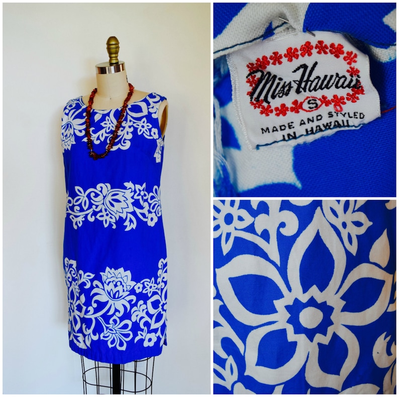 Vintage 1950s Hawaiian Dress 50s Miss Hawaii Sun Dress Tropical Blue Aloha Floral Summer Dress Beach Cover Up Kamehameha Garment Co.