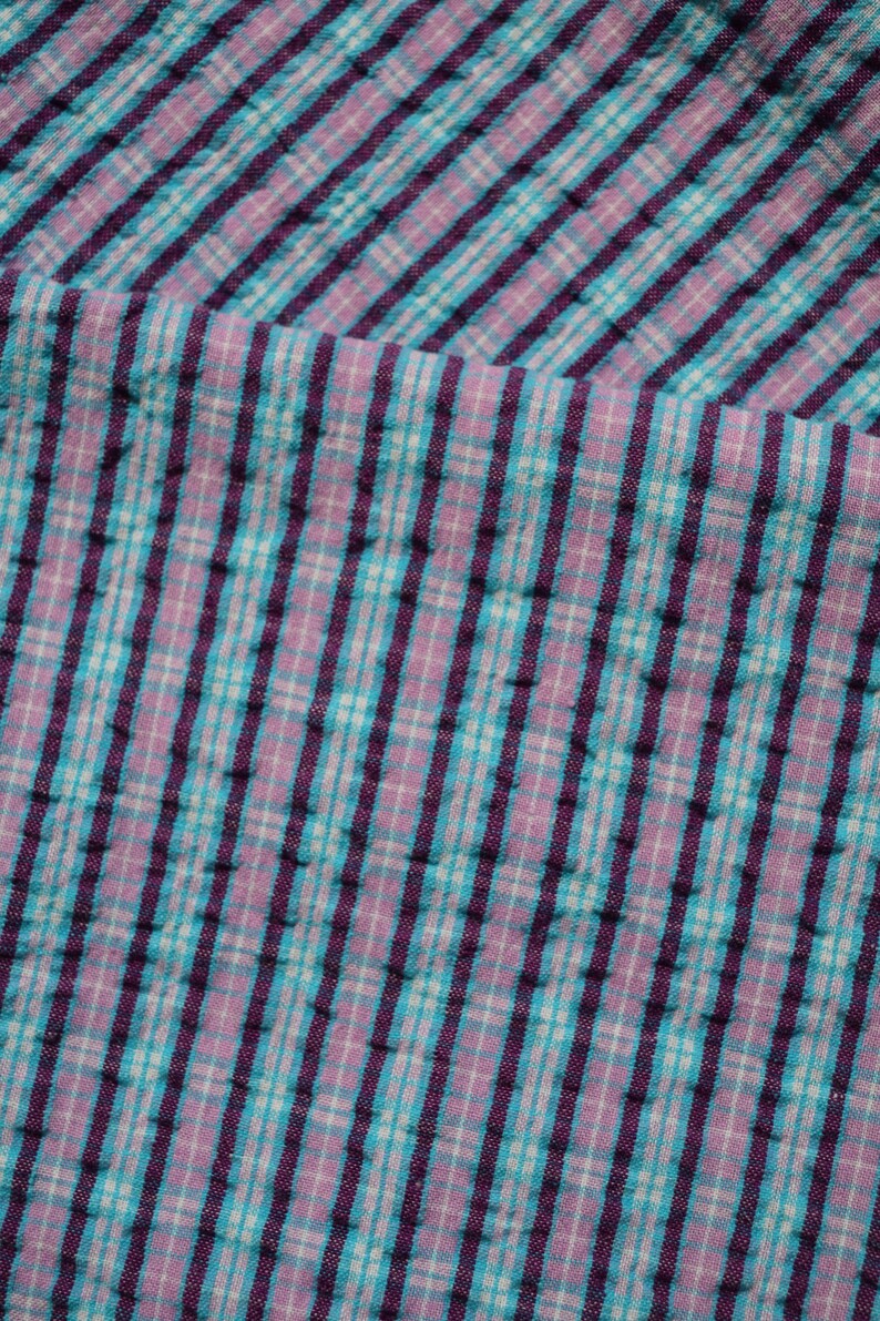 Blau karierte Seersucker Rest / 60er Jahre Vintage Türkis & Lila gestreifter Baumwollstoff / unbenutzt Quilten Nähen Handwerk Material: 44 "x 18,5" Bild 9