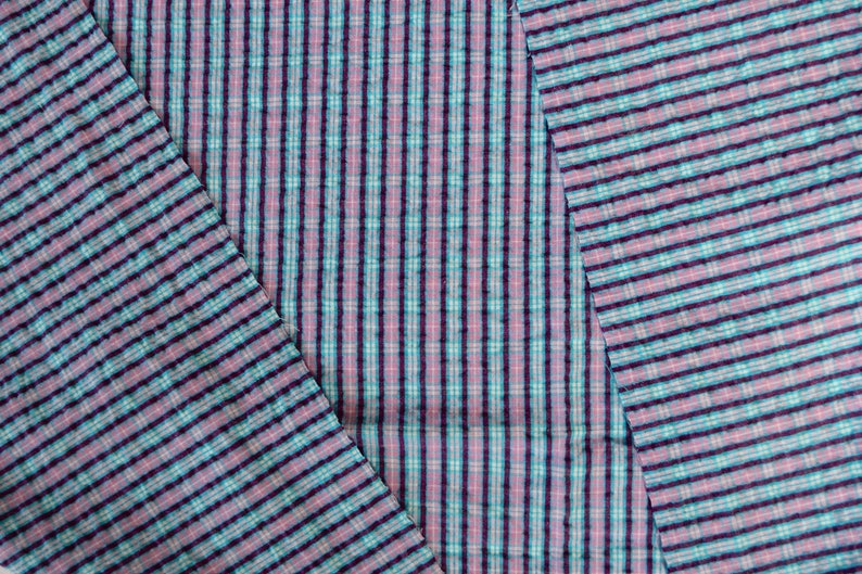 Blau karierte Seersucker Rest / 60er Jahre Vintage Türkis & Lila gestreifter Baumwollstoff / unbenutzt Quilten Nähen Handwerk Material: 44 "x 18,5" Bild 8