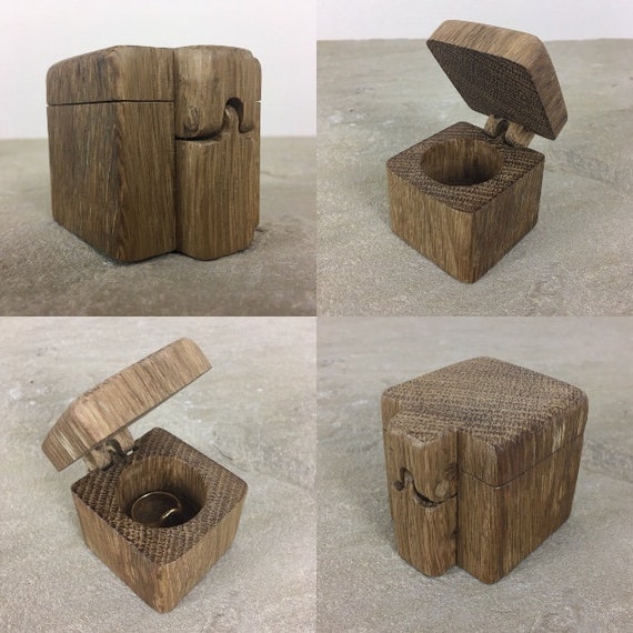 Wooden Ring Box Unique Rustic Hinged Oak