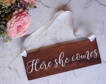 Hand Lettered Wooden Sign | Ring Bearer Sign | Page Boy Sign | Flower Girl Sign | Pet Wedding Sign | Wedding Sign | Here She Comes