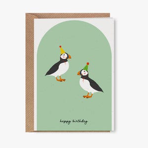 Carte de joyeux anniversaire • Carte de voeux pliée écologique • Carte d'anniversaire A6 • Papier recyclé • Enveloppe kraft côtelée • Carte macareux