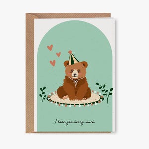 I Love You Beary Much-kaart • Milieuvriendelijke gevouwen wenskaart • Valentijnskaart A6 • Gerecycled papier • Geribbelde kraftenvelop • Bear-kaart