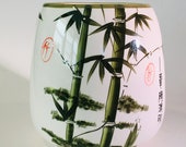 Vtg BAMBOO PLANTER Pot Vase Cream Off-White Glazed Ceramic. Green Red Black Graphic Images Characters Text. Symbolic Virtue. Panda Garden