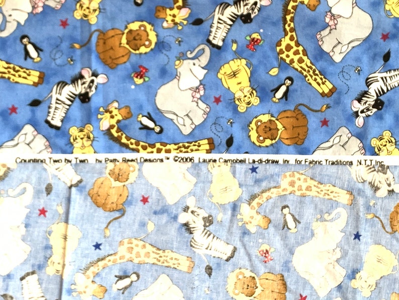 Pre-WASHED Nursey fabric COUNTING Two by Two ANIMALS toss Print on Blue 100/% Cotton Patty Reed Designs\u2122\u00a9Laurie Campbell La-di-draw