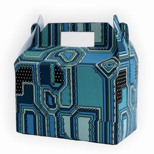 May include: A blue and green cardboard party favour box with a circuit board pattern. The box has a handle on the top and is ideal for holding small gifts or treats.