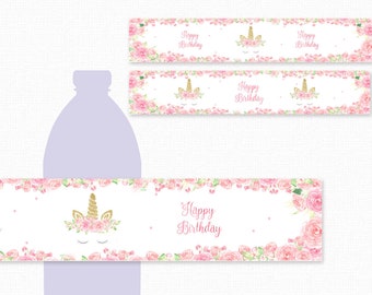 Birthday Water Bottle Labels - Unicorn Birthday Decorations - Printable Water Bottle Labels - Unicorn Water Bottle - Pink and Gold unicorn