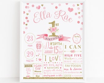 First Birthday Poster - Pink and Gold Confetti - Floral First Birthday Milestone Sign - 1st Birthday Chalkboard Sign - 1st Birthday Poster