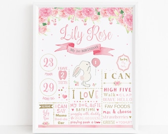 First Birthday Poster - Pink and Gold Bunny - Floral Bunny First Birthday Milestone Sign - 1st Birthday Chalkboard Sign, 1st Birthday Poster