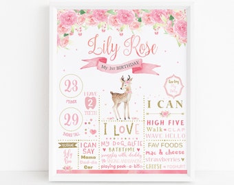 First Birthday Poster - Pink and Gold Woodland - Floral First Birthday Milestone Sign - 1st Birthday Chalkboard Sign, 1st Birthday Poster