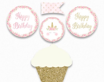 Unicorn Cupcake Topper - Pink and Gold Unicorn Birthday Cupcake Topper -  Unicorn Cupcake - Unicorn Birthday Cupcake