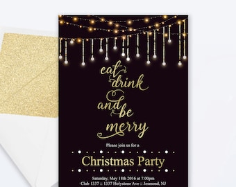 Christmas Party Invitation - Holiday Invitation - Holiday Invite - Christmas Party Invite - Gold and Sparkle Fairy Lights