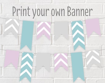 Banderín de fiesta Chevron: banderines imprimibles en rosa y azul (descarga digital)