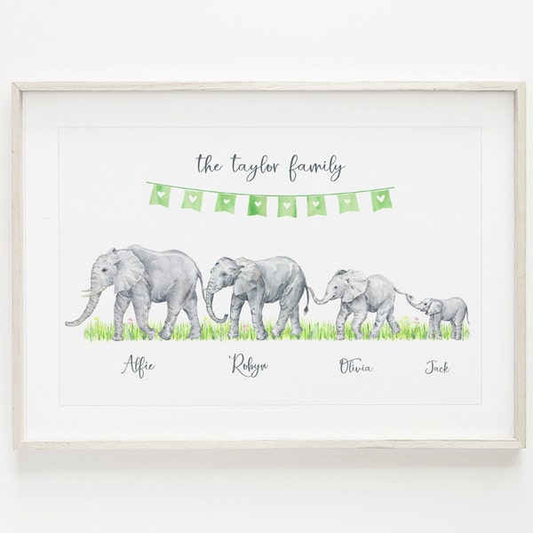 Impression personnalisée de famille d'éléphants - Illustration de famille - Art mural de famille personnalisé - Cadeau de famille | Cadeau de pendaison de crémaillère, cadeau de fête des mères