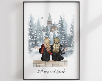 Lámina de la Escuela de Magia - Amigos personalizados - Mejores amigos - Ilustración de amigos - Retrato personalizado