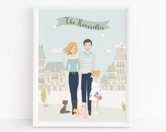 Family Portrait with Pets - Couple Portrait - Custom Family Portrait, Family Illustration - Personalized Portrait - Mother's Day gift