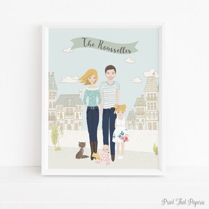Family Portrait with Pets - Couple Portrait - Custom Family Portrait, Family Illustration - Personalized Portrait - Mother&#39;s Day gift