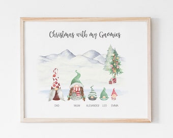 Lámina de la familia de gnomos / Familia Gonks / Mejores amigos / Regalo de Navidad personalizado / Retrato personalizado