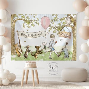Puede incluir: Un telón de fondo caprichoso para una fiesta de cumpleaños con una ilustración en acuarela de personajes de cuentos clásicos. La pancarta dice "Happy 1st Birthday!" y "Harry's Birthday Party". Un globo rosa flota sobre la escena.