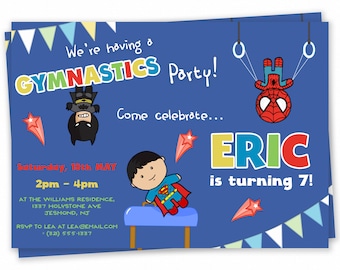 Boys Gymnastics Party Invitation -  Superhero Gymnastics Birthday Invitation - Gymnastics Invite - Boys Gymnastics Party Birthday Invite