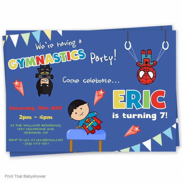 Boys Gymnastics Party Invitation -  Superhero Gymnastics Birthday Invitation - Gymnastics Invite - Boys Gymnastics Party Birthday Invite