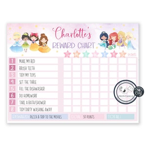 May include: A pink and white printable reward chart with a princess theme. The chart features a row of Disney princesses, including Cinderella, Belle, Ariel, and Jasmine. The chart has a list of chores, such as making the bed, brushing teeth, and tidying toys. There are spaces to mark off points for each chore completed. The chart also includes a goal of 50 points and a space to write the total points earned. The text on the chart reads "Charlotte's Reward Chart".