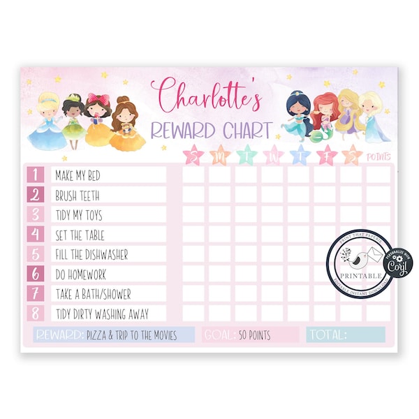 Editable Reward Chart | Kids Chore Chart | Behaviour Chart | Instant download | Editable File | Girls Reward Chart | Daily Responsibilities