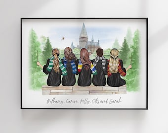 Impresión de la Escuela de Magos - Mejores amigos personalizados - Ilustración de amigos - Retrato personalizado