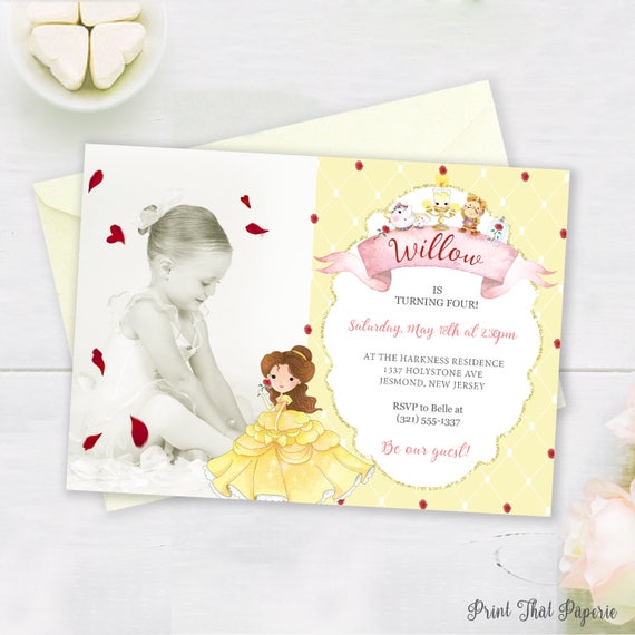 Beauty and the Beast Birthday Invitation - Belle Custom Photo Invitation - Beauty and the Beast Invite - Belle Birthday Invite Il_570xn