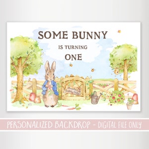 Cenário de aniversário de Peter Rabbit - Cenário de primeiro aniversário - Festa de Peter Rabbit - Pano de fundo para impressão - Pôster de primeiro aniversário de Peter Rabbit