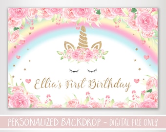 Unicorn Birthday Backdrop - First Birthday Backdrop - Printable Backdrop - Floral Unicorn Birthday Poster