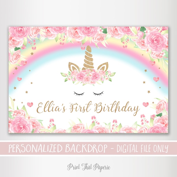 Unicorn Birthday Backdrop - First Birthday Backdrop - Printable Backdrop - Floral Unicorn Birthday Poster