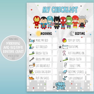 Kids Morning Bedtime Routine Charts | Printable Checklist | Instant Download | Premade & Blank Charts | Daily Responsibility | Superhero