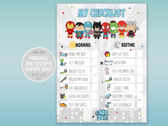 Superhero Kids Routine Chart: Morning & Bedtime Checklist | Printable Download | Premade and Blank | Daily Responsibility